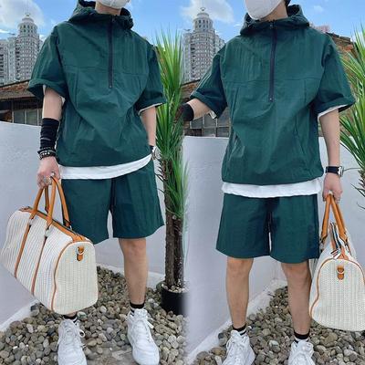 Men's Summer Loose Zipper Two-piece Fashionable Hooded Workwear Solid Color Trendy Shorts Set