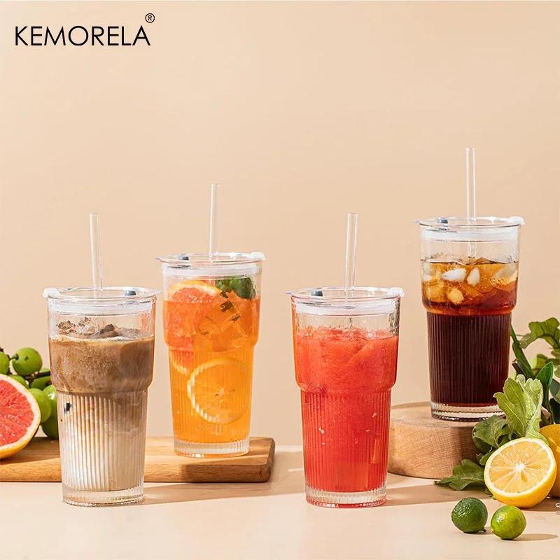 600ML Ribbed Glass Tumblers with Lids and Straws 1/2PCS Drinking Glasses for Iced Coffee Cups Milk Juice Cold Beverages