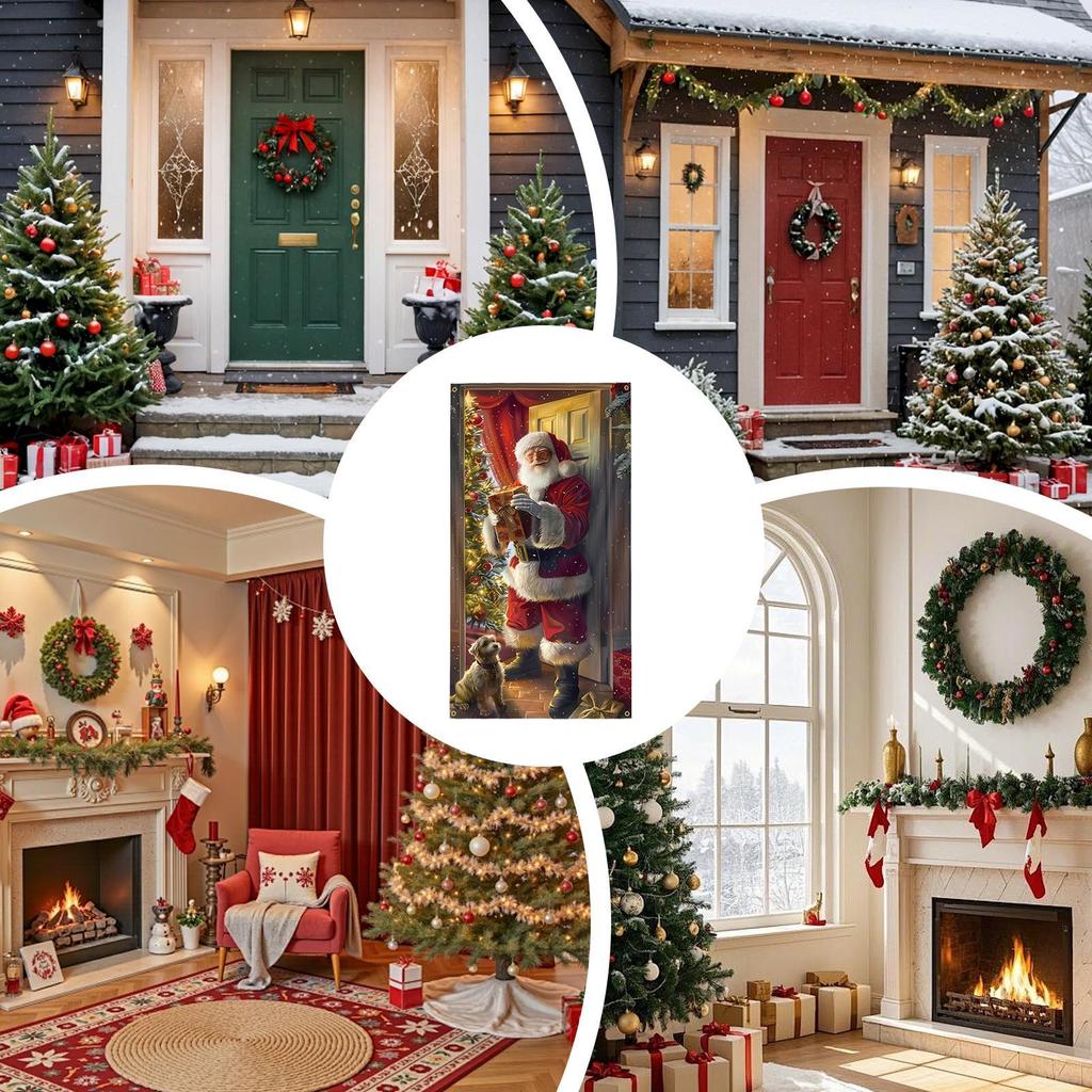 Christmas Front Door Cover Reusable Festive Backdrop Santa Door Cover Christmas Flag For Home Decor Backdrop Outdoor Wall Garage