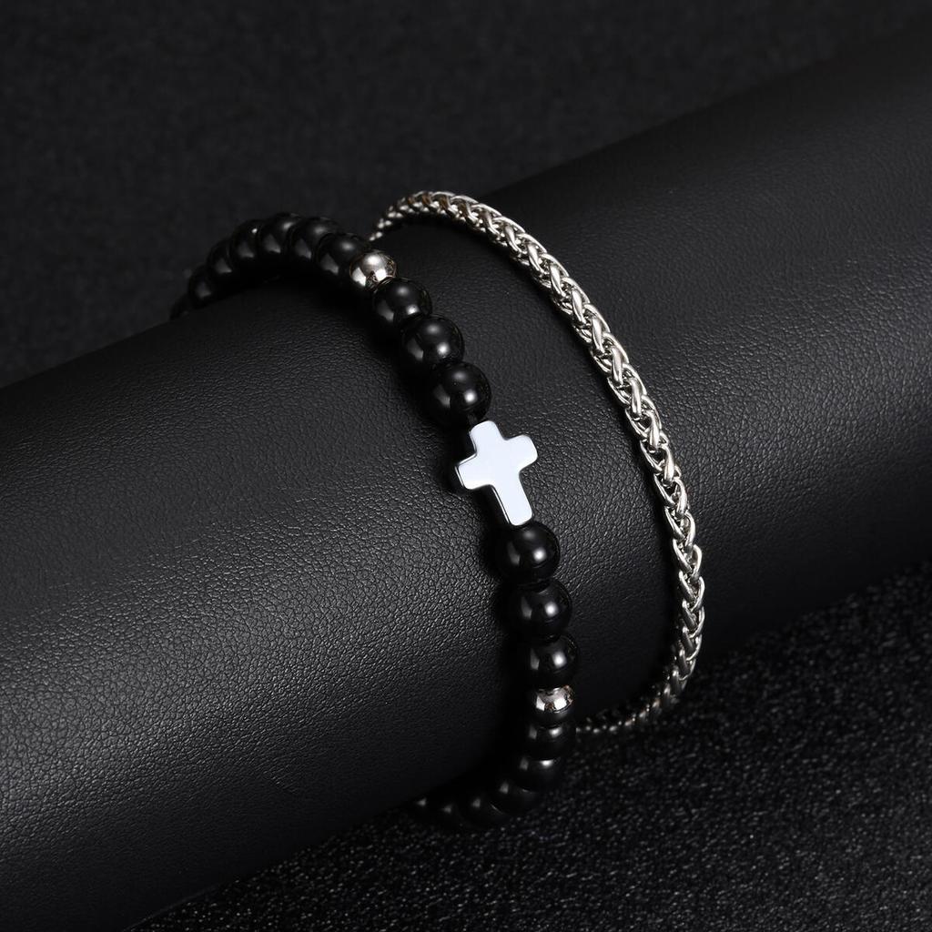 Vnox Men's Stainless Steel Cross Charm Bracelet, Adjustable Black Agate Bead Wristband, Birthday Party Jewelry Gift for Him