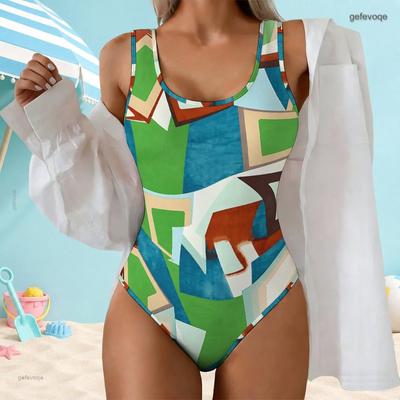 Women Plus Size Scoop Neck Wide Straps One Piece Swimsuit Geometric Printed High Cut