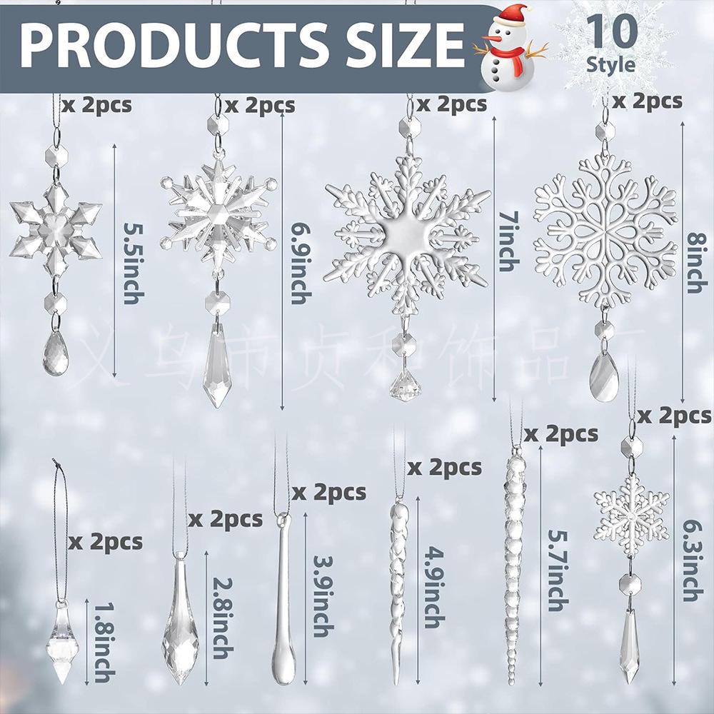 20pcs Transparent Crystal Snowflake Icicle Ornaments - Hanging Acrylic Drops for Christmas