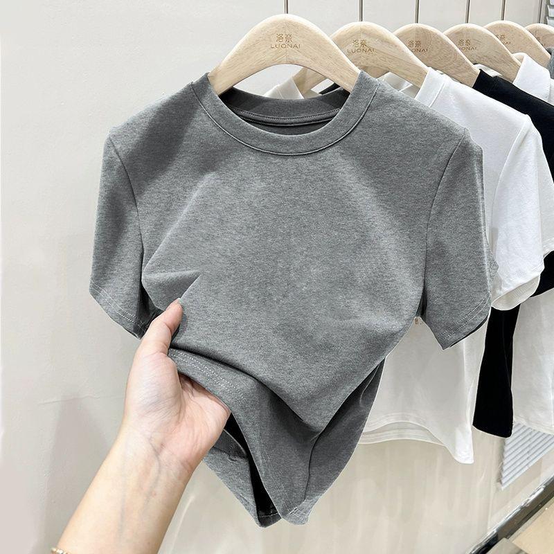 

American front shoulder short-sleeved t-shirt women s summer 2025 new European slim-fit top short half-sleeved bottoming shirt XL сірий колір