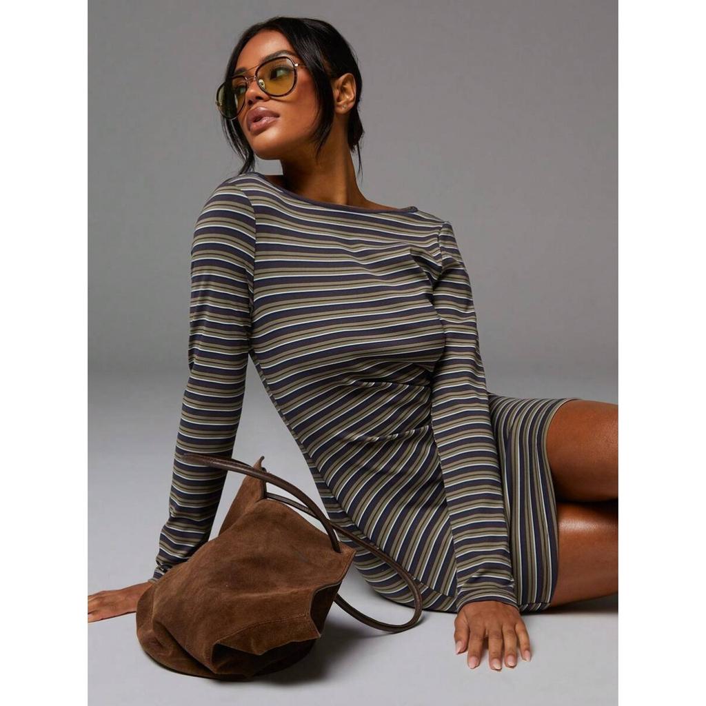 Fall Winter Women's Crew Neck Striped Bodycon Dress, Slim Waist Skinny Mini Dress, Y2K Sexy Streetwear For Crossborder