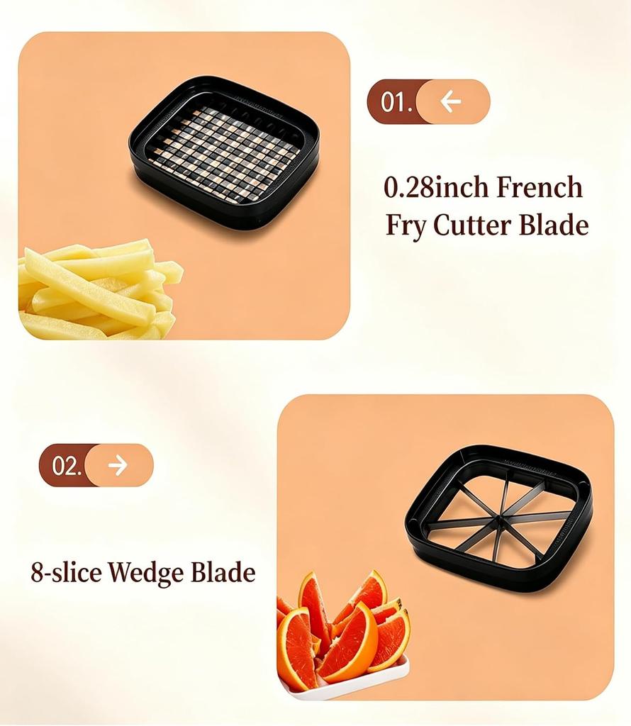 Multifunctional Vegetable Chopper Bowl, Potato French Fry Cutter with 2 Interchangeable Blades & Container, Food Chopper