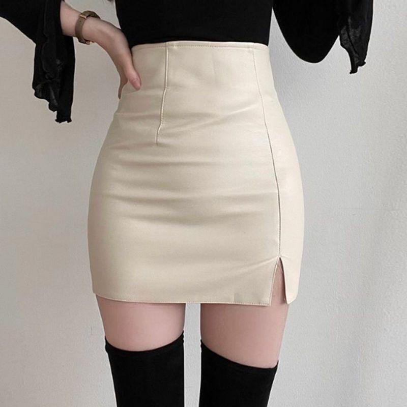 

2024 женская юбка А-силуэта из искусственной кожи черного цвета с высокой талией и разрезом — облегающая, универсальная для осени и зимы XL абрикосовый