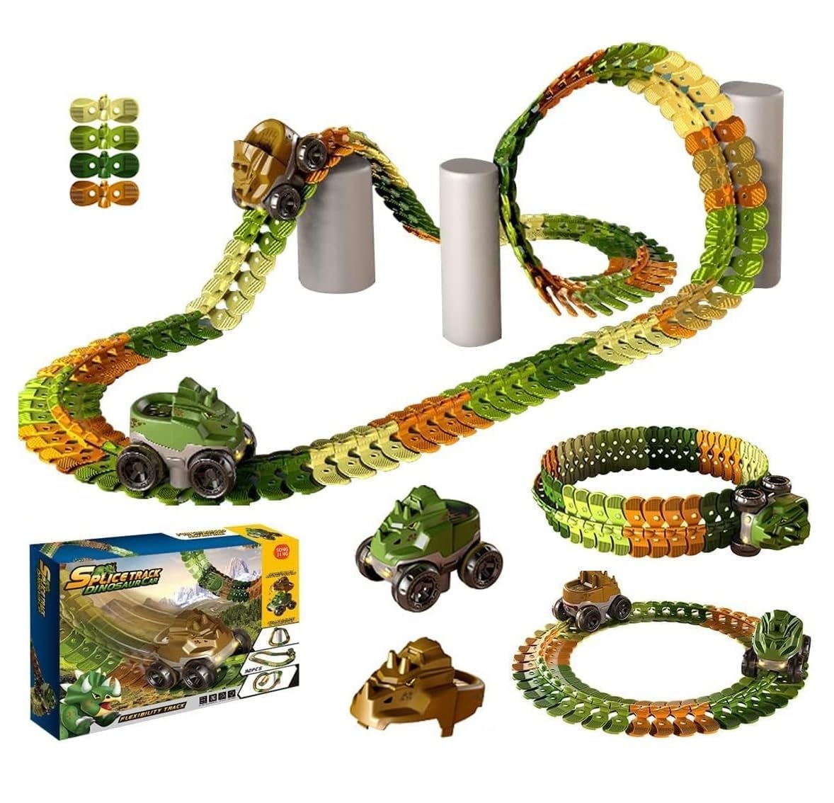 

OBEST Dinosaur Track Car DIY Rail Runs and Stays Track Car Toy with LED Build Your Own Dinosaur World Road Flexible Track Dinosaur Kids Birthday Set,