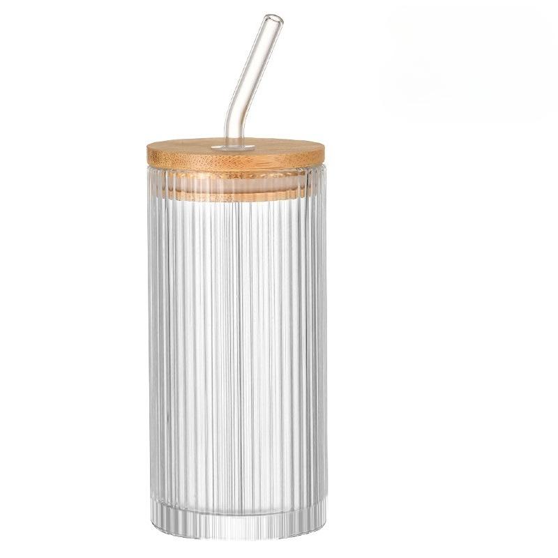 380ML Stripe Glass Coffee Cup With Lid Cover Glass Straw Transparent Drinking Glasses For Juice Iced Coffee Mugs Drinkware Cup 380ml