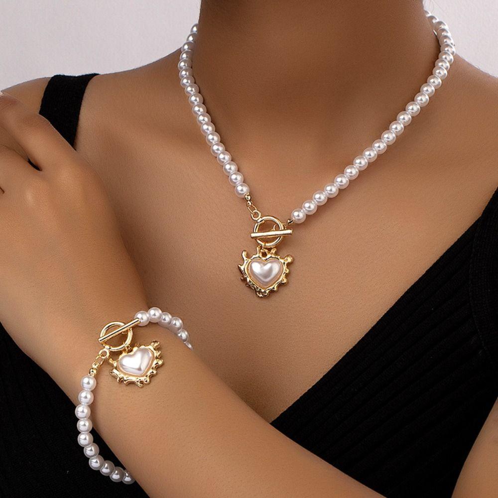 Exquisite Heart Pendant Jewelry Set Crystal Pearl Necklace Set Sweet Necklace Bracelet Set  Women