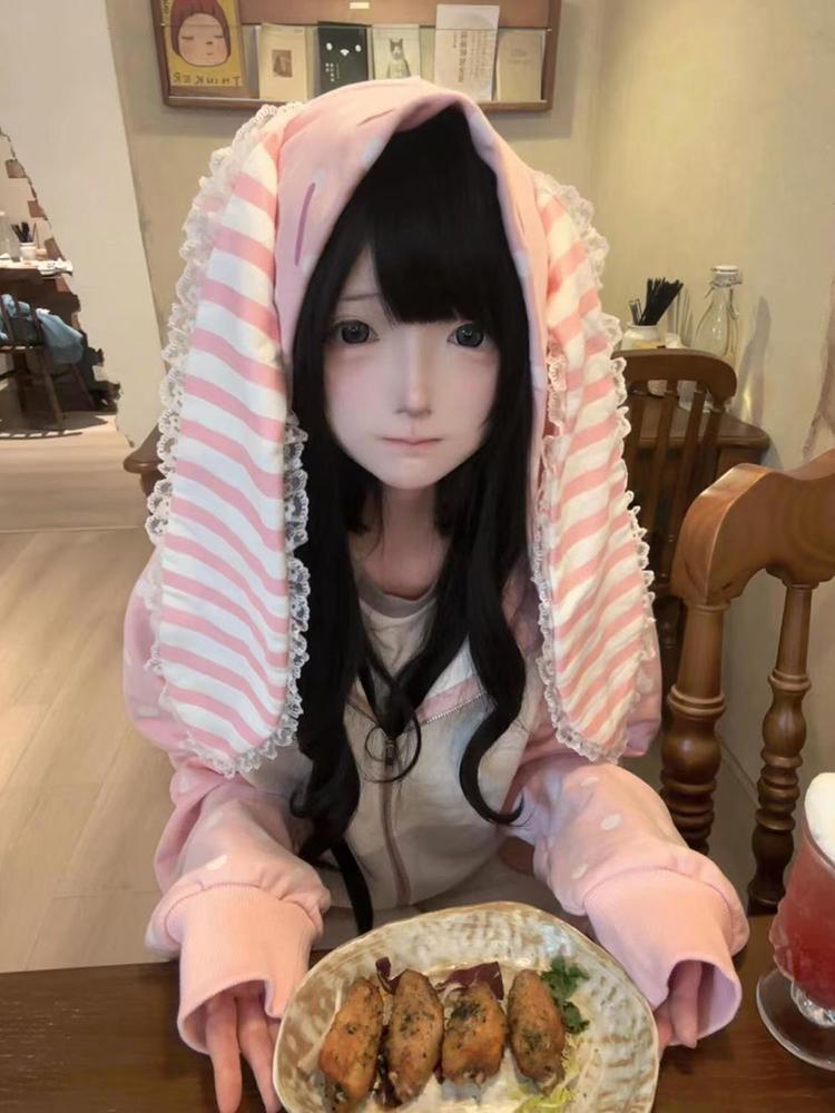 Felpe con Cappuccio Giapponesi Aoaiiys Donna Orecchie da Coniglio Kawaii Capospalla Largo Stampa Pois Fragola Felpa Estetica Autunno Inverno Nuovo