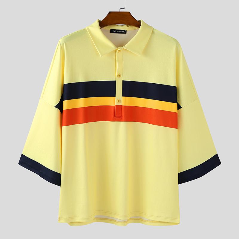 INCERUN Oversized Men Lapel Neck 3/4 Sleeve Striped Stitching Casual Loose T-shirts Tops
