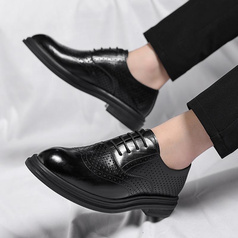 Brock leather shoes men's summer hollow inner height increase 8CM business height increase shoes 6CM wedding groom shoes