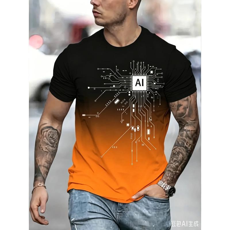 2026 New Men's AI Circuit Board Print T-shirt Gradient Crew Neck Short Sleeve Casual Tee for Streetwear Summer Breathable Tops