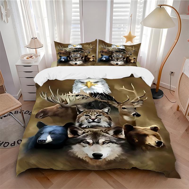 3pcs Wildlife Animal Faces Collage Comforter Set with 1 Quilt Cover and 2 Pillowcases (No Core) - Home Decor, Festival Gift, Polyester Fabric, Anime C