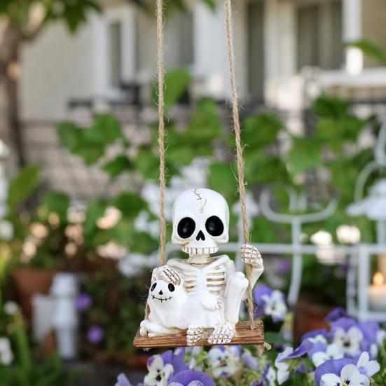 Skeleton And Ghost Cat Figurine Halloween Swing Skeleton Ornament Gothic Hanging Decoration for Car Rearview Mirror Home Halloween Party Decor