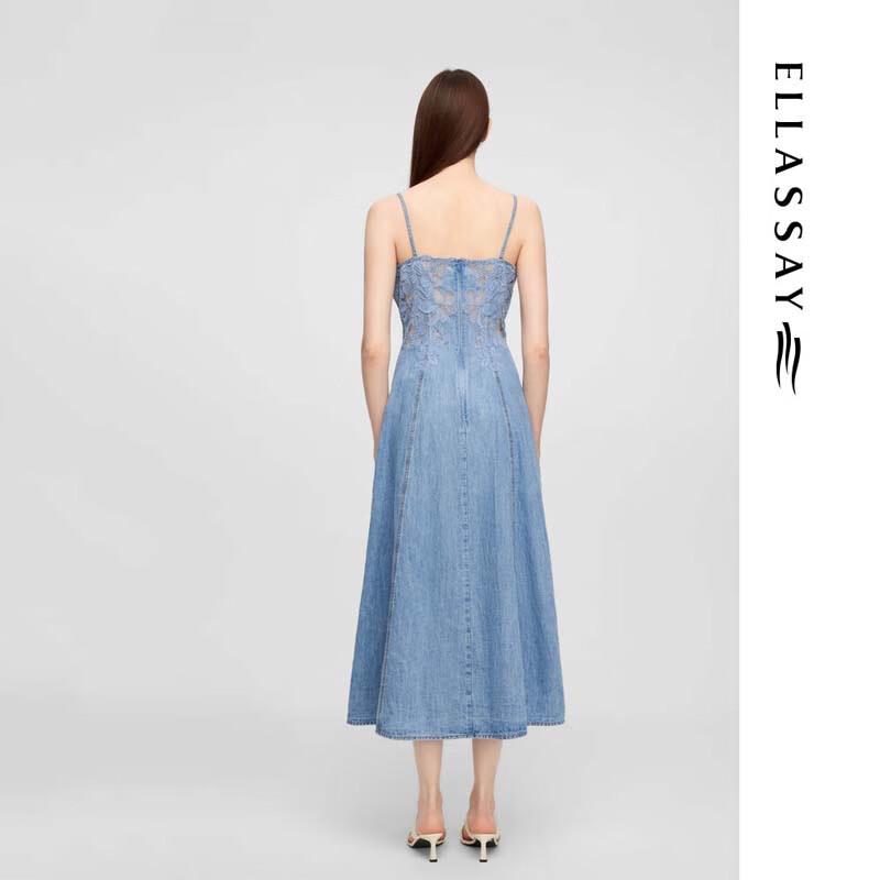 ELLASSAY Women's Elegant Cotton Linen Denim Suspender Midi Dress