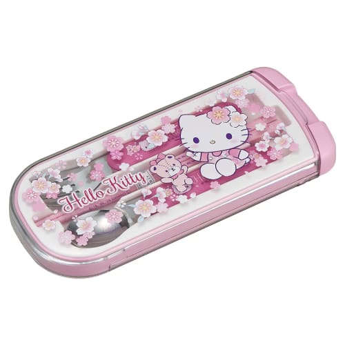 OSK Cutlery Set, Hello Kitty Sakura Design, with Pull-Lid Trio, Chopsticks, Spoon, and Fork, Made In Japan, Sliding Design, Dishwasher Safe, Easy To U
