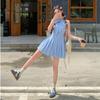 French fresh and sweet blue sleeveless plaid dress summer Japanese new bow temperament pleated short skirt
