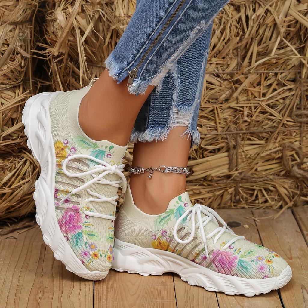 Fashion Women's 2024 New Fashion Mesh Plant Print Breathable Slip-on Casual Sneakers