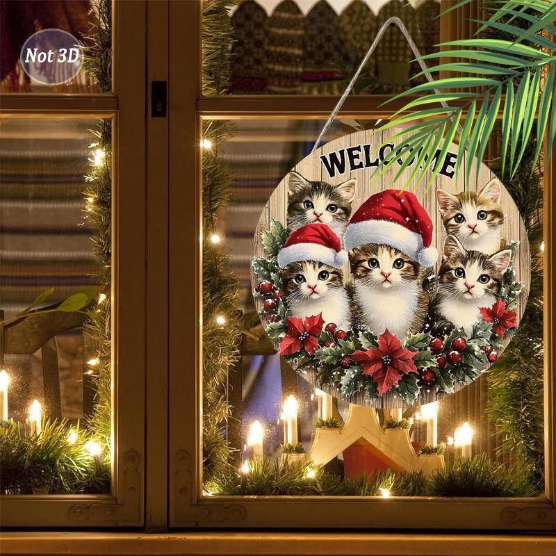Welcome Christmas Kittens Round Wooden Hanging Sign, 2D Flat Printed Wall Door Ornament, Xmas Home Holiday Decor Gift