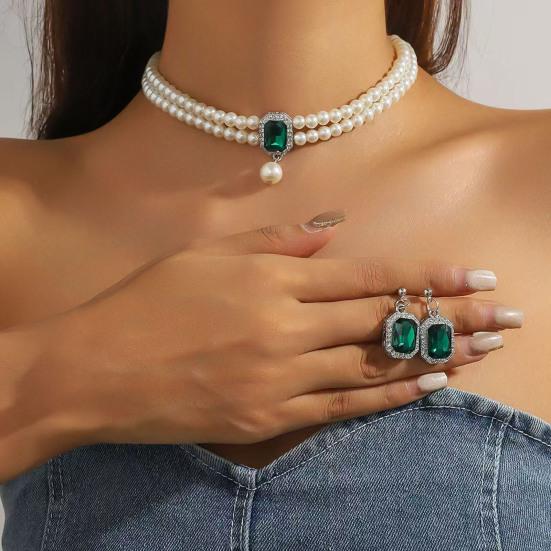 2Pcs/Set Imitation Pearl Jewelry Set Retro French Style Blue Waterdrop Faux Gem Charm Necklace Earrings Set