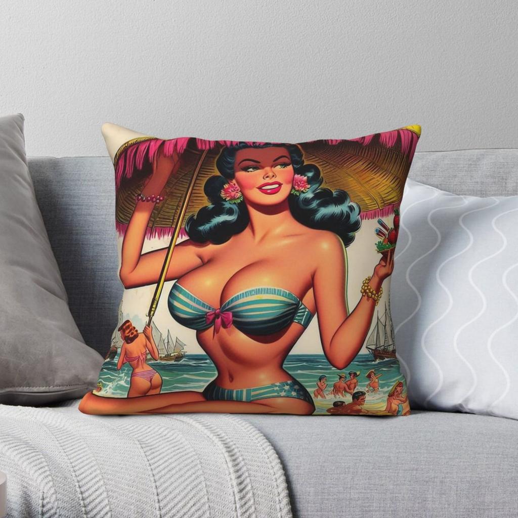 Vintage Beach Summer Girl Square Pillowcase Polyester Linen Velvet Creative Zip Decor Throw Pillow Case Home Cushion Case