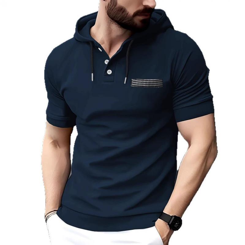 Men's Summer Hooded Polo Shirts Short Sleeve Casual Sports Plaid Pocket Solid Color Polos Men