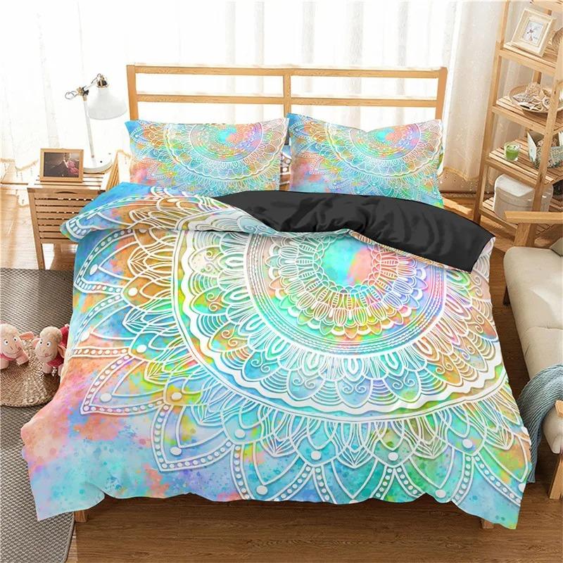 Bohemian Mandala Duvet Cover Set, Colorful Galaxy Comforter Cover Boho Chic Hippie Floral Exotic Bedding Set With 2 Pillow Case
