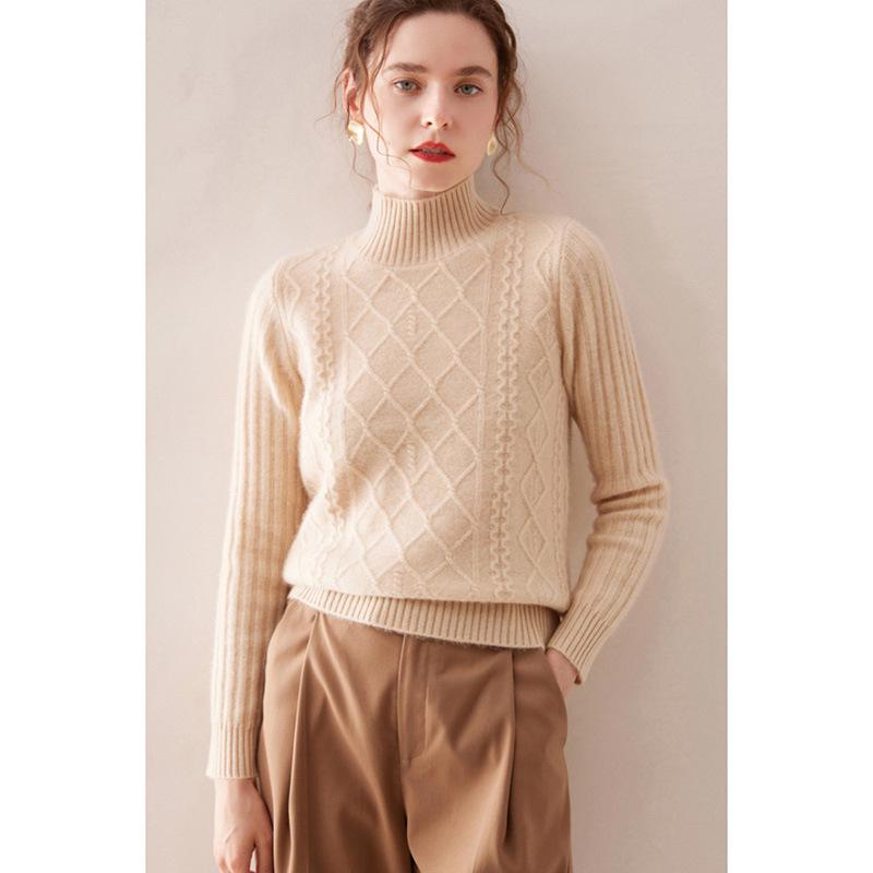 Women's 100% Pure Wool Sweater: Autumn/Winter Half-High Collar, Diamond Cable Knit, Long Sleeve, Loose-Fit Knitwear