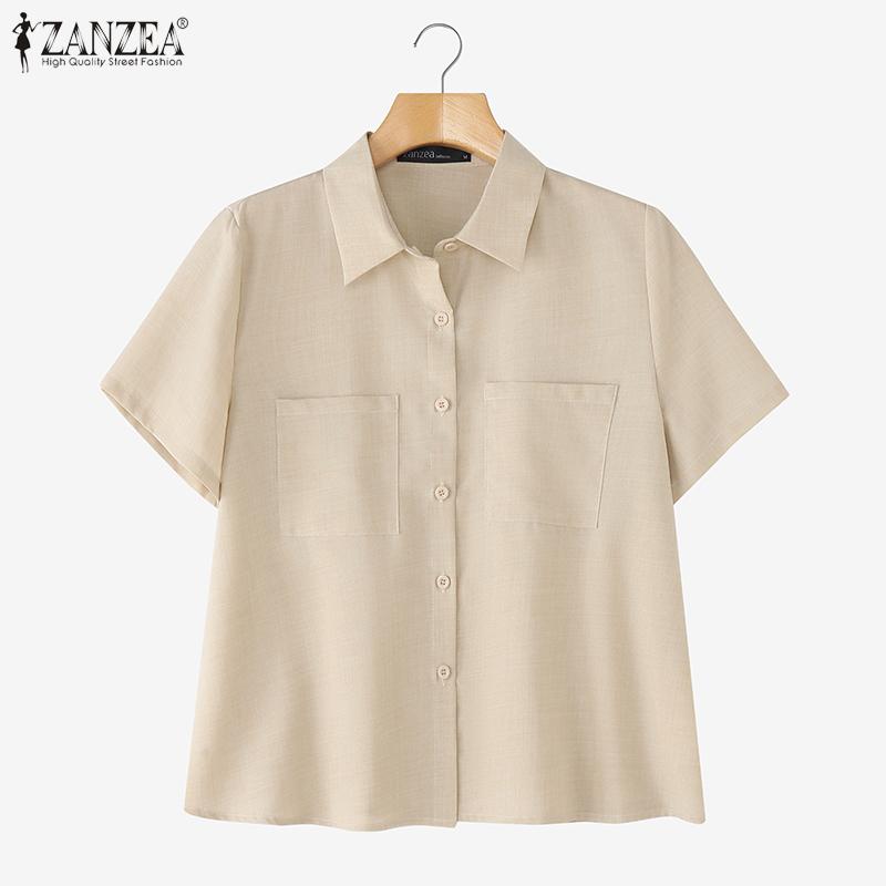 ZANZEA Women Summer Turn Down Collar Short Sleeve Casual Blouse