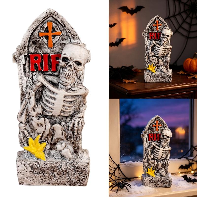 Shelf Ready Halloween Grave Marker Item, Resin Bone Figure Accent for Entry Table Styling and Event Display Use