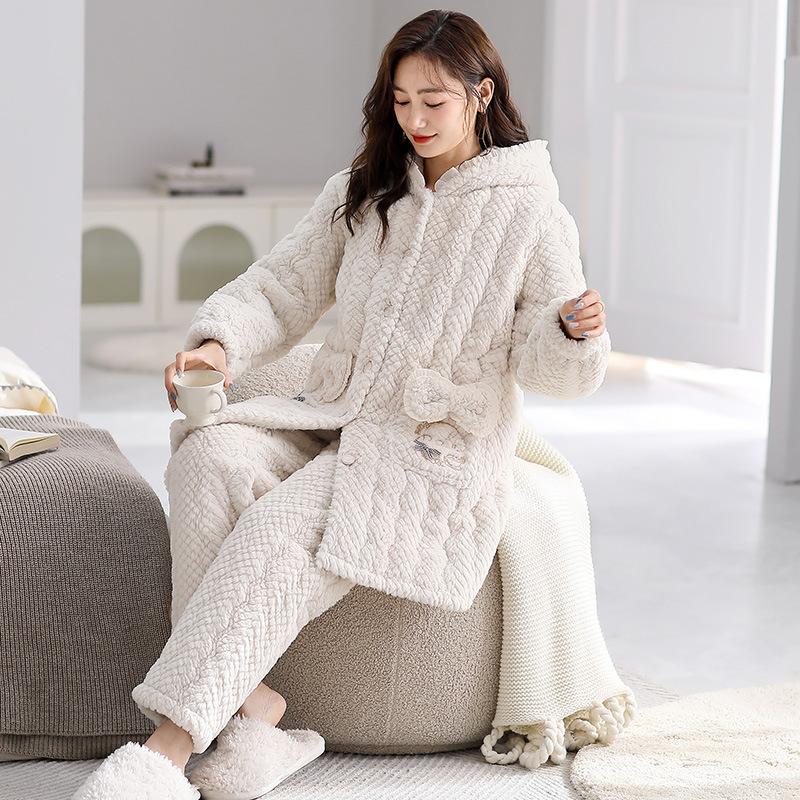 Winter medium and long coral fleece three-layer padded jacket pajamas women's fleece thickened long large lapel loungewear set