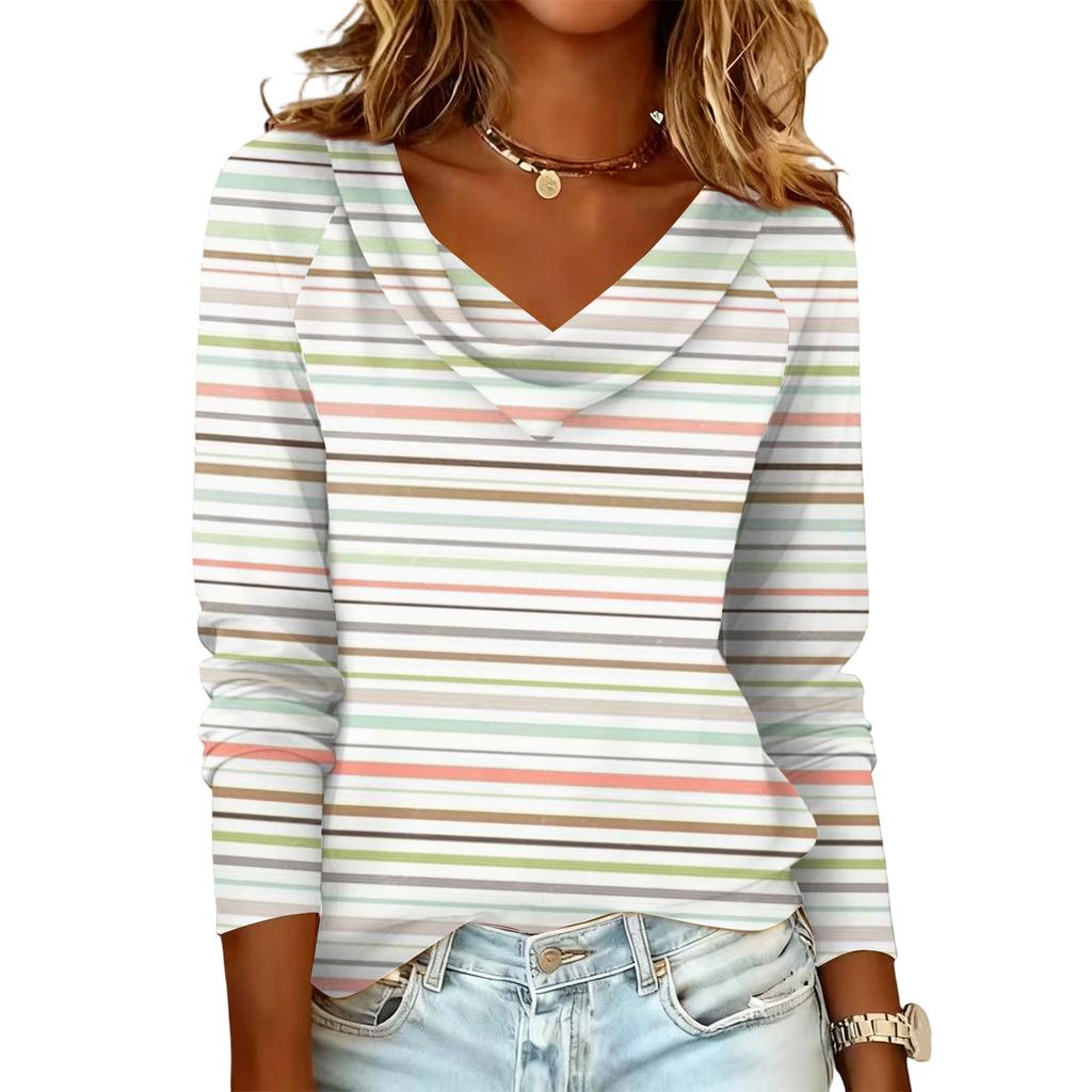 Ladies' Striped Printed Casual and Fashionable Long Sleeved Pullover Top
