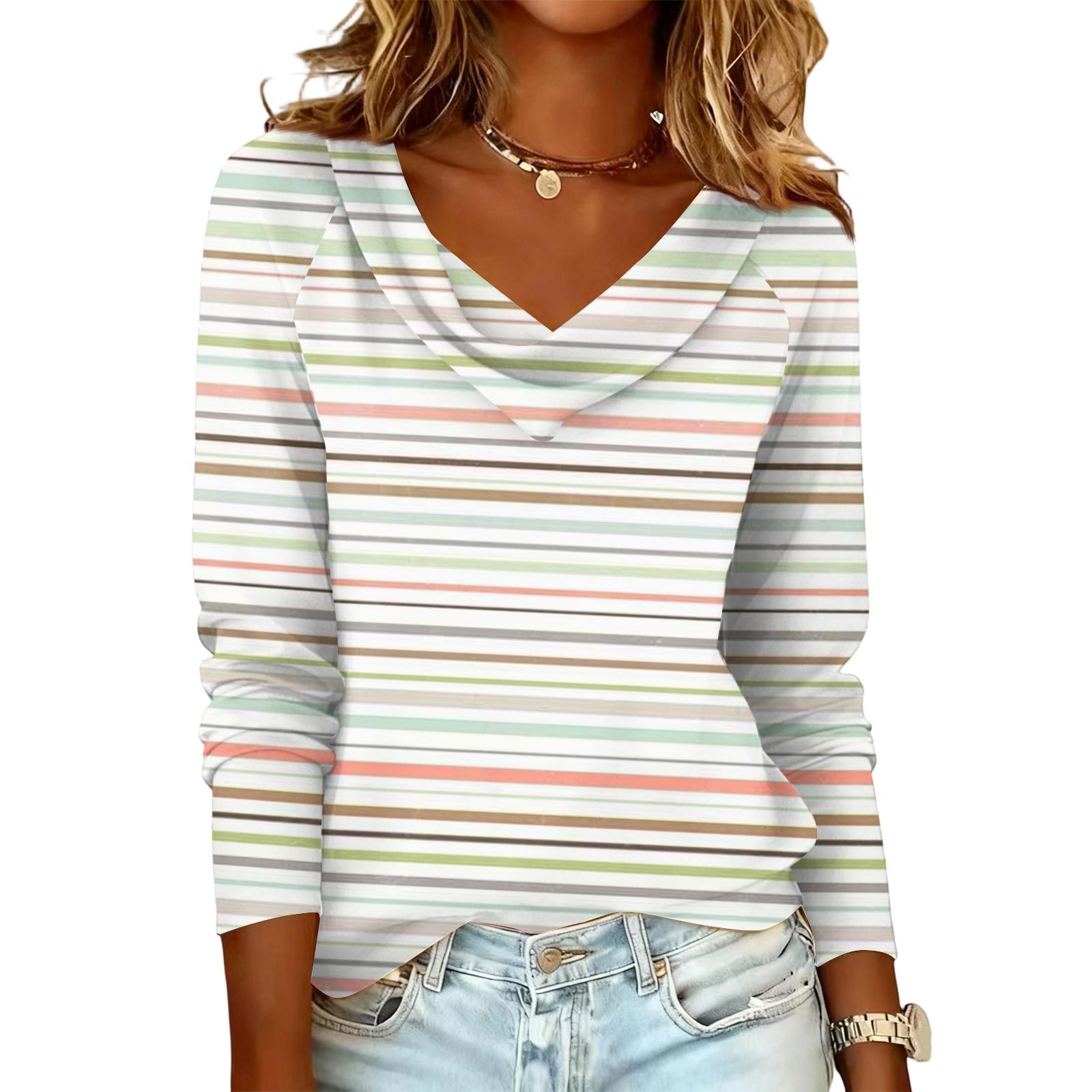 

Ladies striped printed casual and fashionable long sleeved pullover top L білий