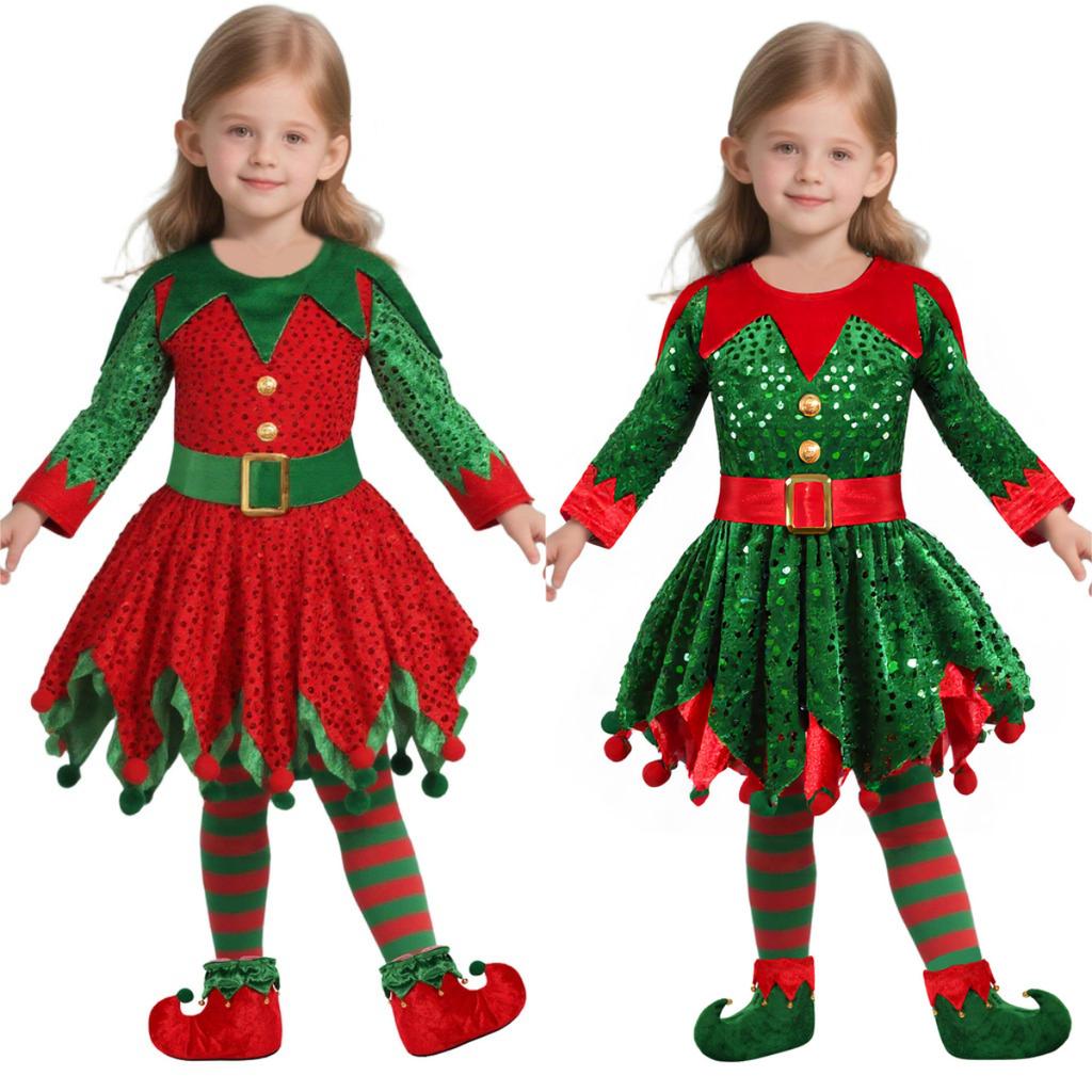 Kids Girls Santa Claus Xmas Elf Red Dress Socks Hat Sets Children Christmas New Year Cosplay Costumes Performance Role Play Outfit