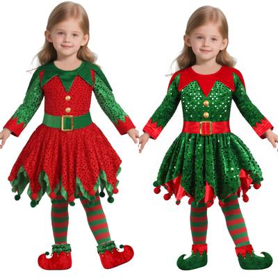 Kids Girls Santa Claus Xmas Elf Red Dress Socks Hat Sets Children Christmas New Year Cosplay Costumes Performance Role Play Outfit