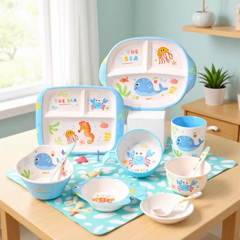 Wuhe Kids' Melamine Cartoon Compartment Tray, Baby Bowl, and Tableware Set