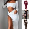 Elegant Sexy High Waisted Solid Asymmetrical Irregular Slim Dress Women Fashion U-neck Long Sleeve Midriff-baring Dresses 30486