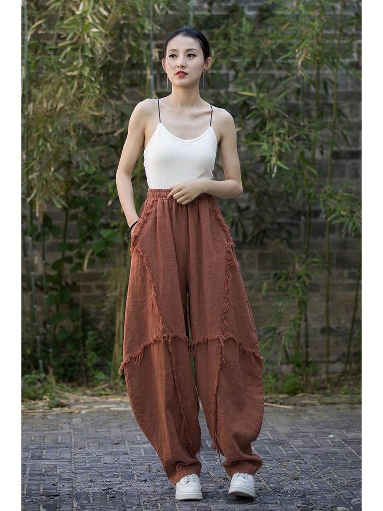 Spring Plus Size Ramie Brushed Lantern Pants, Casual Cotton-Linen Distressed Style for Women