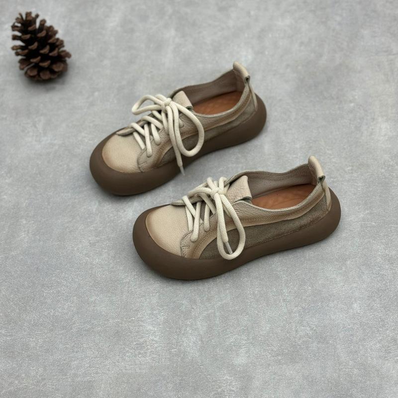 Johnature Retro Genuine Leather Lace Up Women's Shoes Casual Round Toe Cowhide Flats