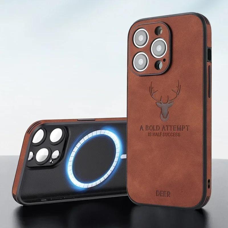 Luxury Leather Case For iPhone 15 14 13 12 11 Pro Max iPhone13 iPhone14 For Magsafe Magnetic Wireless Charge Deer Full Covers