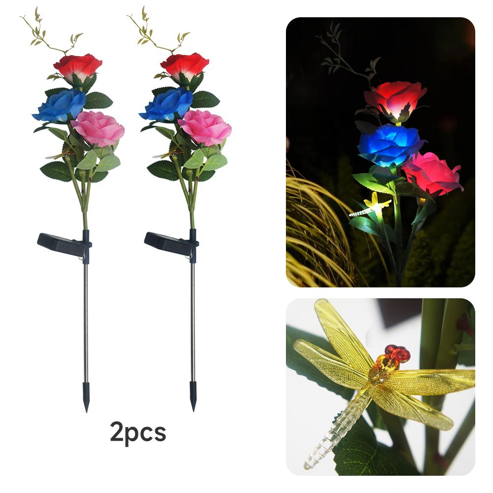 Solar Garden Lights Solar Rose Flower with Butterfly and Dragonfly Waterproof Garden Decoration for Yard Patio Stake Lamp