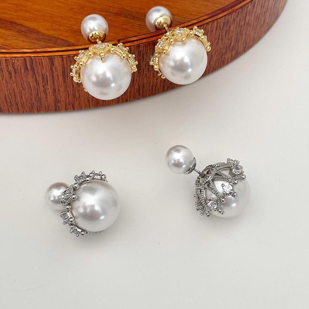 Elegant Two-Way Pearl & Zircon Stud Earrings: Front-Back Style, Copper, Simple & Fashionable, Light Luxury Design