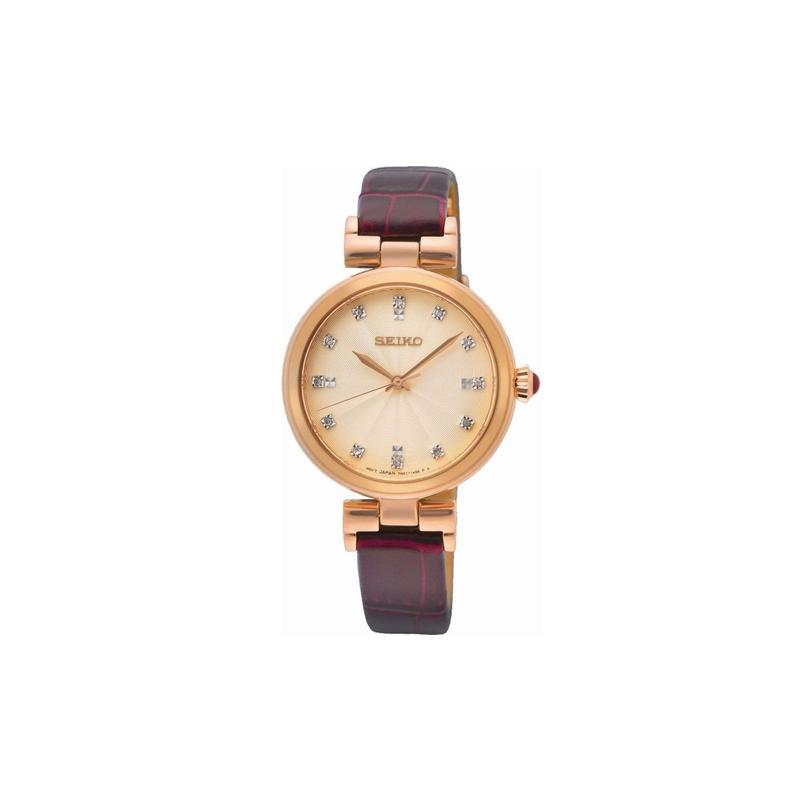 SEIKO 50 meters waterproof Quartz leather strap women s watch pink dial SRZ548P1 синий
