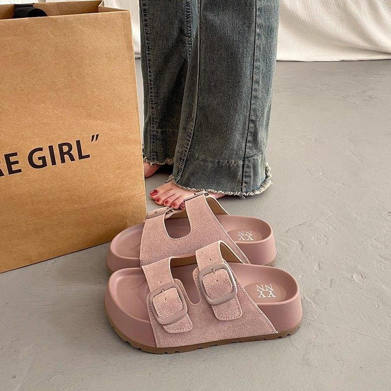 Platform Slippers Women's Summer Wear Retro Versatile Sandals New One-word Drag Boken Beach Sandals