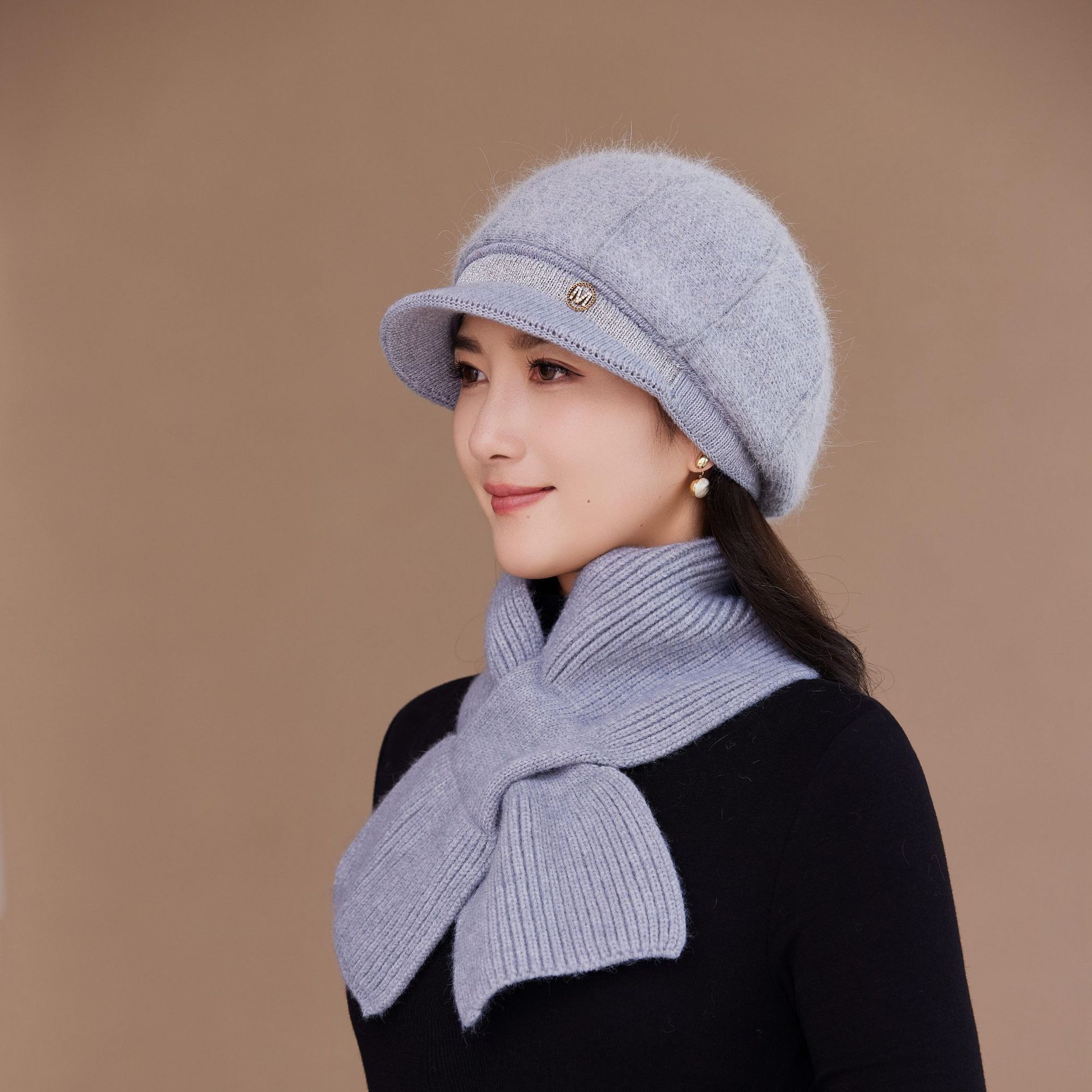 

Middle aged and Elderly Women s Cold Proof Plus Velvet Warm Knitted Rabbit Fur Hat Women s Thickened Scarf Basin Hat Korean Version Trendy one size