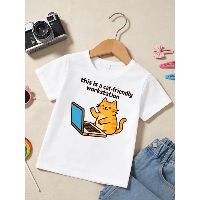European sizes Girls Short Sleeve T-Shirt, Cat Friendly Workstation Print Tee, White Crew Neck Casual Top for Kids 110 белый
