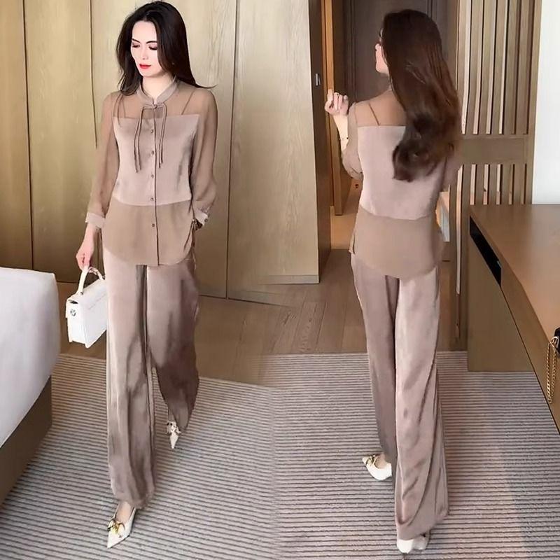 

2025 Summer Slimming Chinese Style Frog Button Two-Piece Set: Shirt & Wide-Leg Pants L (100-115 Jin)