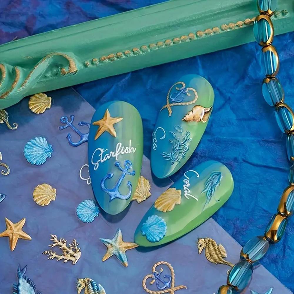 1pc Ocean Nail Art Stickers 5D Summer Starfish Seashell Nail Decals Decoration Y2K Embossed Nail Art Supplies Manicure Slider