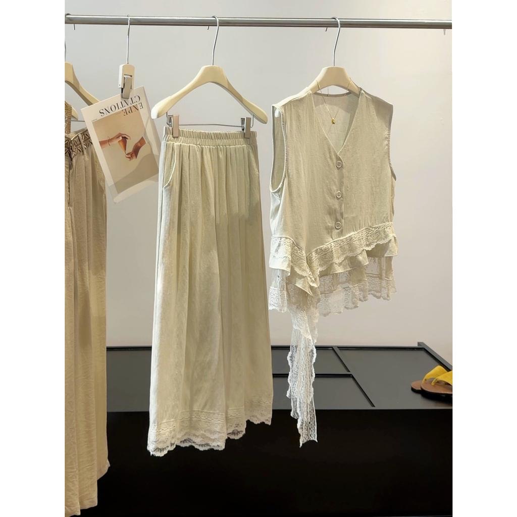 Women's Sleeveless V Neck Wide Leg Pants Set Loose Fit Lace Patchwork Summer Suits